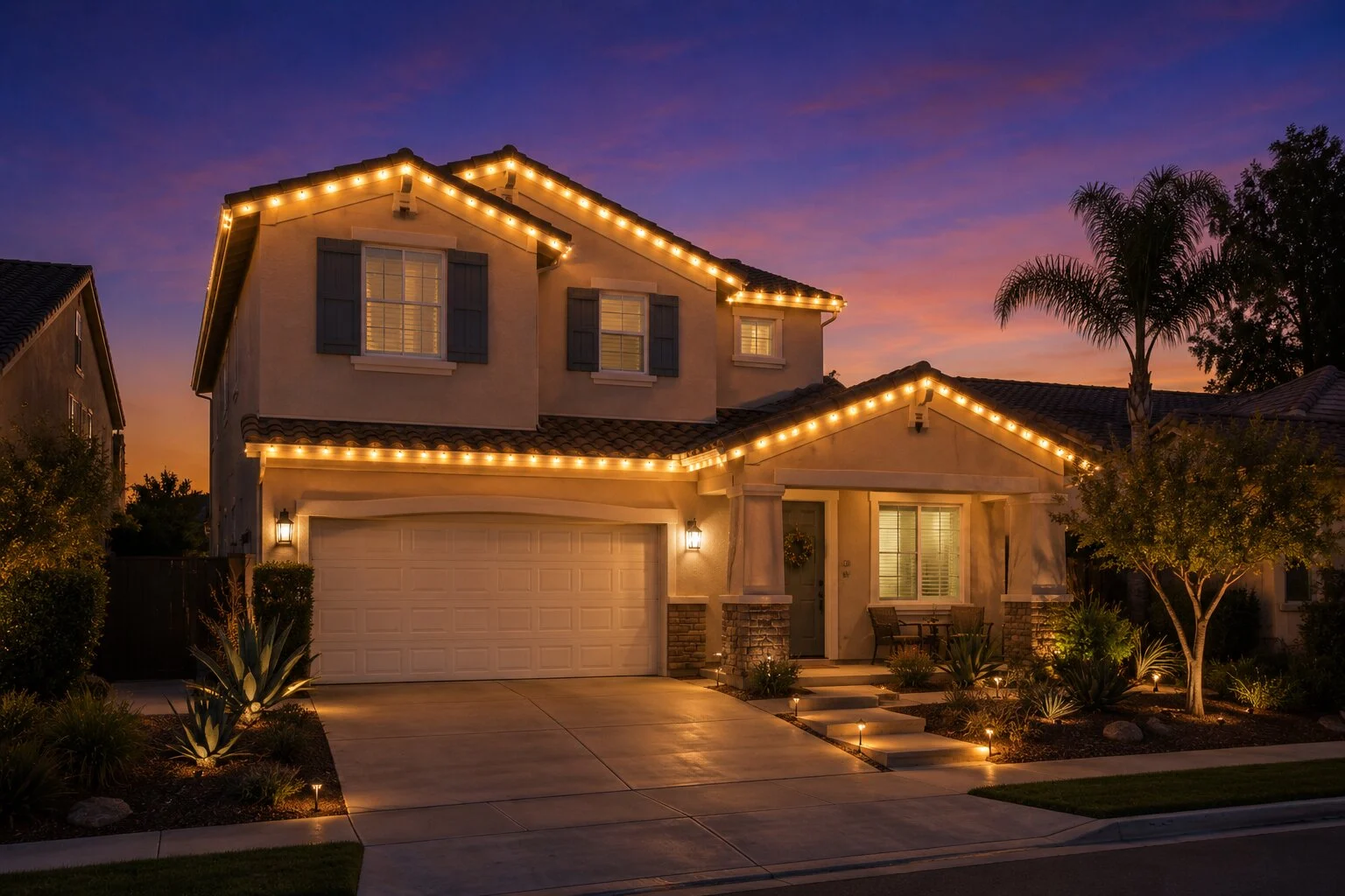 Two-story suburban stucco home with warm-white C9 Christmas lights along every roofline and a single palm at right, sunset behind