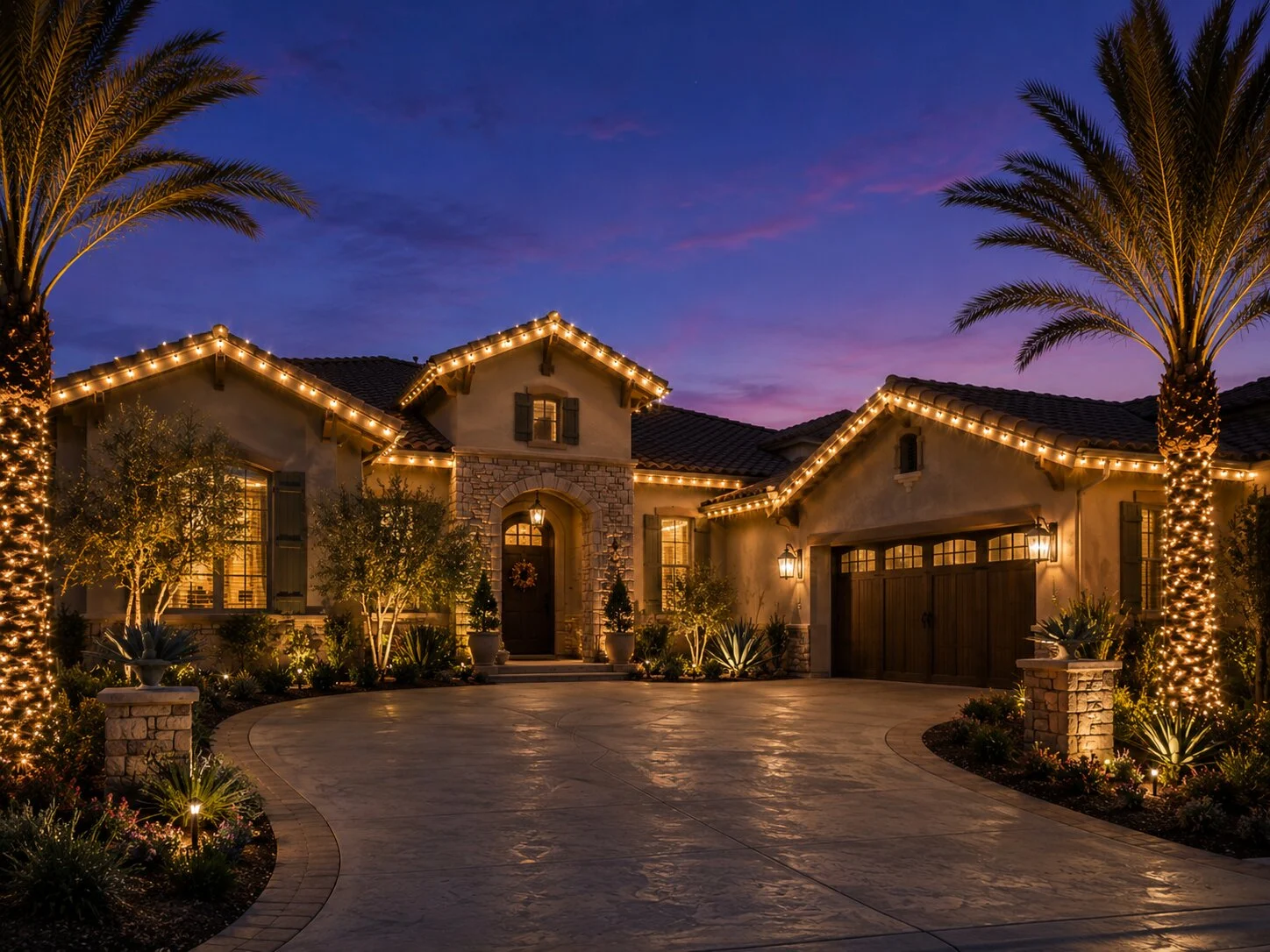 Single-story Tuscan home at dusk with an arched stone entry and two tall palms flanking the doorway, both wrapped in warm-white Christmas lights