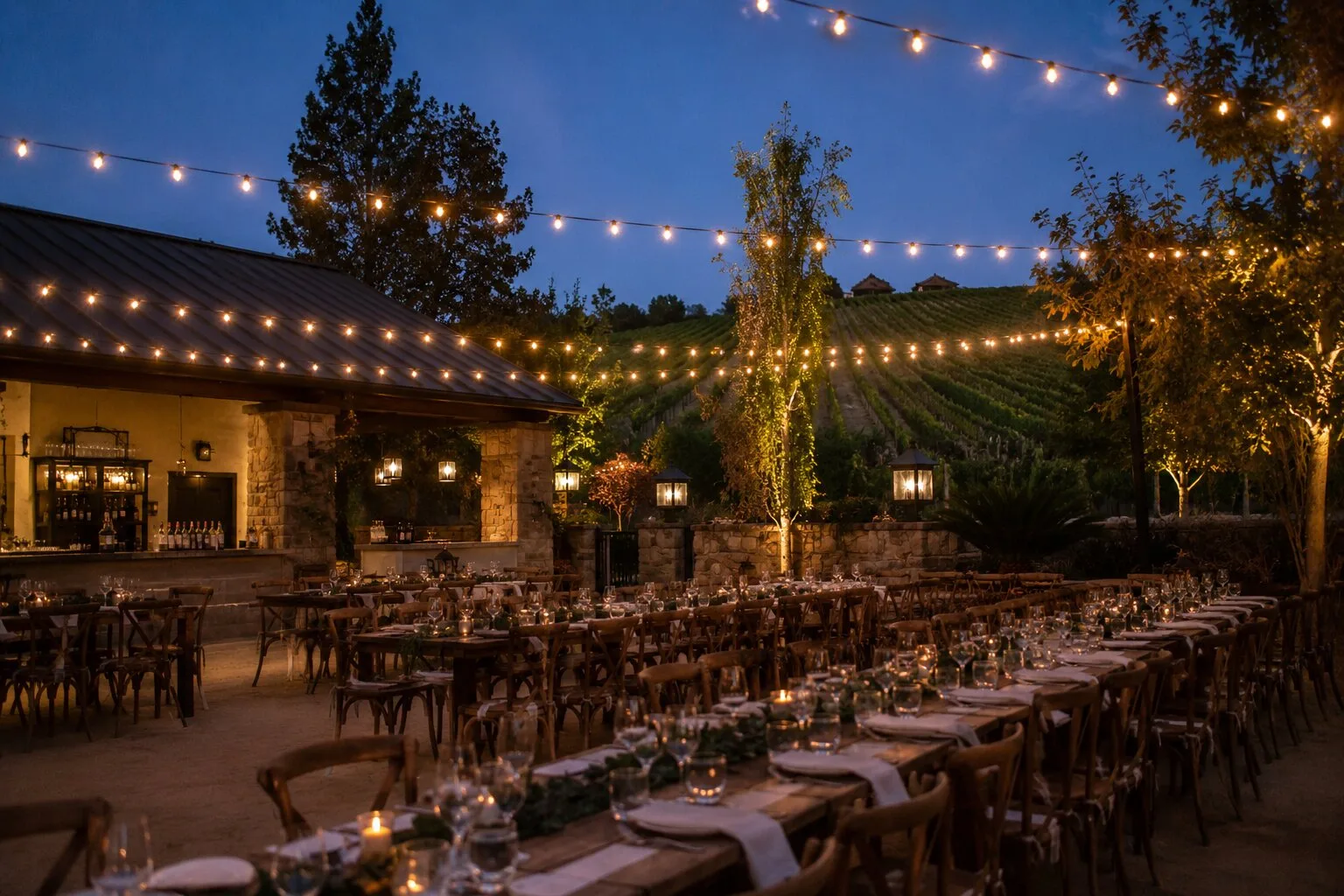 Vineyard wedding reception under a canopy of warm bistro string lights at dusk in Temecula